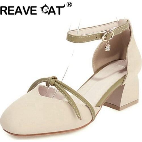 REAVE CAT New 2021 Women Pumps Round Toe 5cm Block Heels Buckle Sweet Cute Concise Big Size 32-46 Casual Date Summer Pink A3804