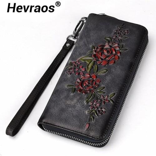 Womens Wallet Luxury Clutch Cell Phone Bag Vintage Purse Coin And Card Holder Female Flower Embroidered Genuine Leather Wallets