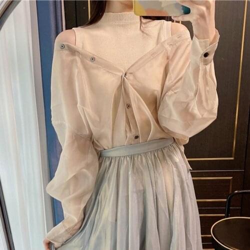 2PCS Knitted Sleeveless Slim Tops Women Elegant Stand Collar Pullovers + Single Breasted Gauze Blouse New Designed Mesh Shirts