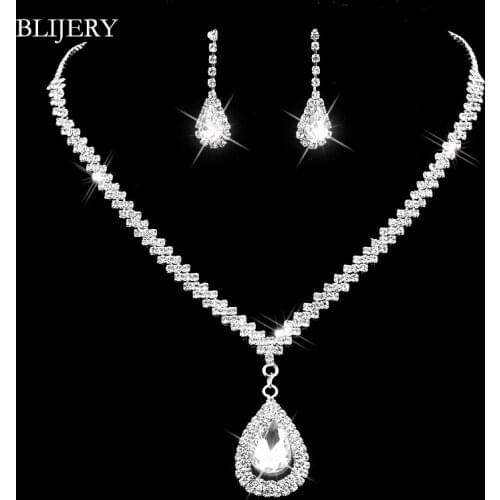 BLIJERY Fashion Crystal Bridal Jewelry Sets Silver Color Rhinestone Waterdrop Necklace Earrings for Women Wedding Jewelry Sets