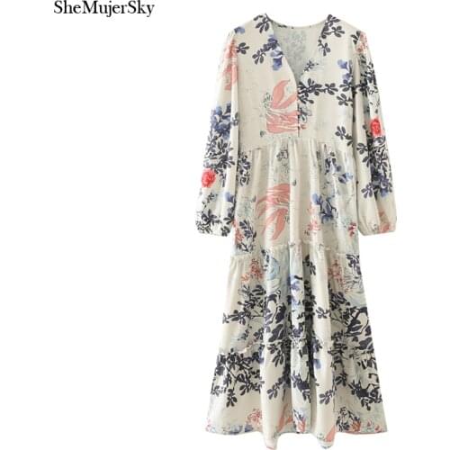 SheMujerSky Women Long Sleeve V-neck Buttons Midi Dress Vintage Spliced Flower Print Dresses 2021 Elegant Bodycon
