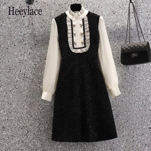 Plus Size Dress Autumn Winter Stand Collar Dress Office Black White Patchwork Tassel Plaid Long Sleeve Ruffles A Line Dresses