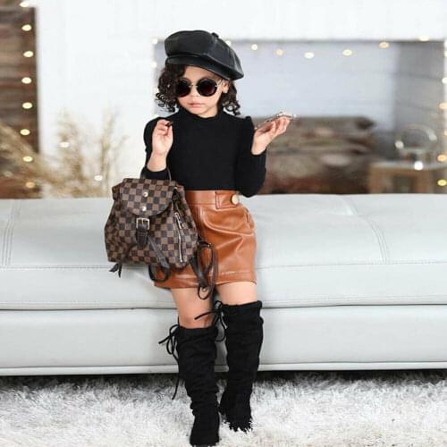 Baby Girl winter warm outfit Sweet Kids Long Sleeve Black Knitted Sweater Tops brown Leather Skirt Clothes set