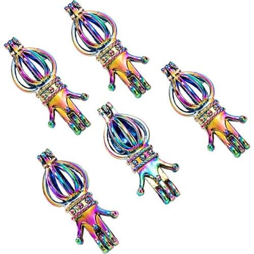 10 PCS Crown Shape Rainbow Colorful Pearl Oysters Bead Cage for Jewelry Making/Essential Oil Scent Diffuser Locket Pendants