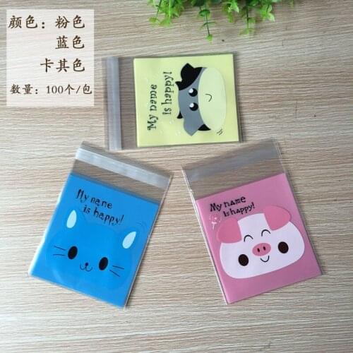 100Pcs/lot Cute Cartoon Pig Cat Cookie Candy Bag Self-Adhesive Plastic Bag For Wedding Party Biscuits Baking Packaging Supplies