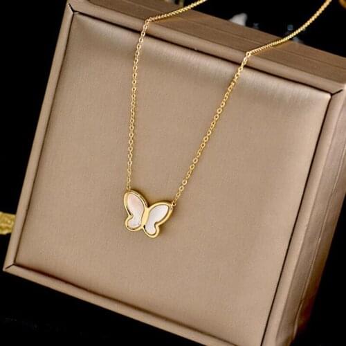 2021 Fashion Gold Color Natural Shell Butterfly Pendant Necklace 316L Titanium Steel Woman Jewelry Gift Never Fade Drop Shipping