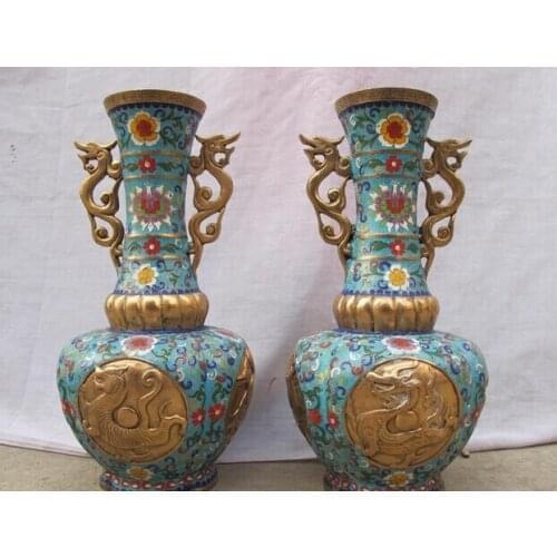 Bi001463 China Royal 100% bronze handwork cloisonne Two Dragon Beast vase pair