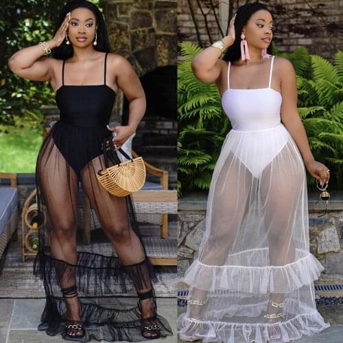 BKLD Dresses For Women 2021 New Style Clothes Mesh Pleated Patchwork Sexy Spaghetti Strap Summer Bohemian Maxi Dress Black