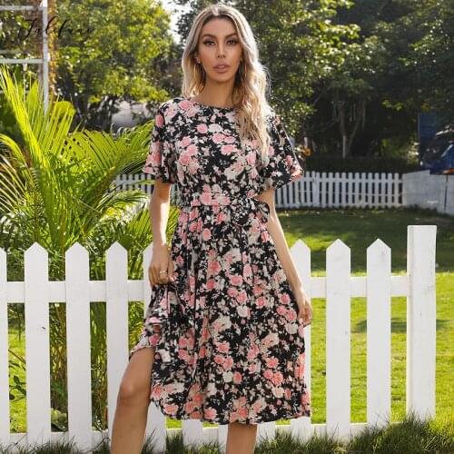 Boho Pleated Midi Dress 2021 New Women Short Ruffle Sleeve Lace Up Floral Dresses Holiday Beach Summer Clothing Female Fashion