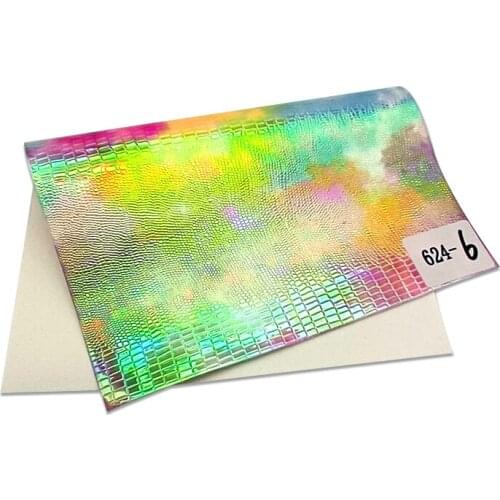 Crocodile Grain Texture Pattern PU Embossed Holographic Leather Fabric Rainbow Design For Shoe/Bag/Handbag/Cover/Craft