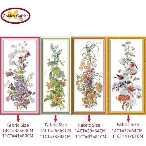 GG Four Seasons Flower Stamped Cross Stitch Patterns DIY Kits Needlework Embroidery Sets Joy Sunday Cross Stitch for Home Decor