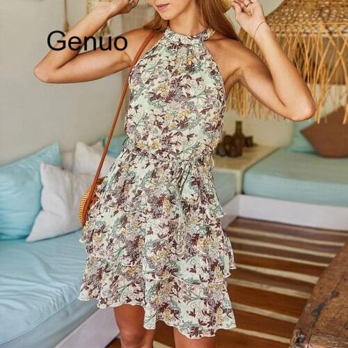 Short Dress Women Boho Floral Print Sleeveless Ruffles Lining Summer Vestido Ladies Mini Dresses Female Spring New