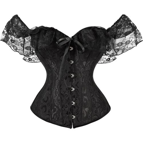 Off shoulder Corset Solid Corsets Overbust Korset Bustier Sexy Lolita Women Girl Outwear Waist Slimming Lace ruffles Gorset