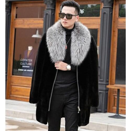 Black faux mink fur leather jacket mens warm fur leather coat men loose jackets winter autumn thicken fashion big fur collar