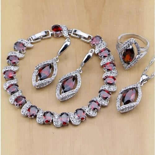 Red Zircon White Cubic Zirconia 925 Sterling Silver Jewelry Sets For Women Wedding Earrings/Pendant/Necklace/Rings/Bracelet