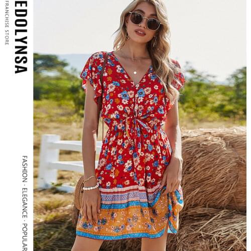 Boho Printed Mini Dress Broken Flower Short Sleeve Dress Holiday Women Dress Sweet Ladies Dress A-Line Spring Summer Dresses Y93