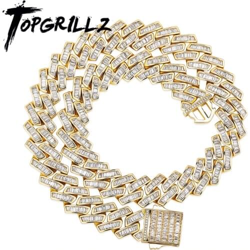 TOPGRILLZ 18mm Baguette Prong Cuban Link Necklace CZ Iced Out Chain Hip Hop Fashion Luxury Bling White Gold Chain For Gift