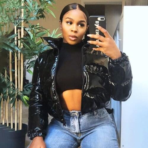 Faux Pu Leather Bubble Puffer Winter Warm Jacket Women Coats Long Sleeve Outerwear Zipper Casual Slim