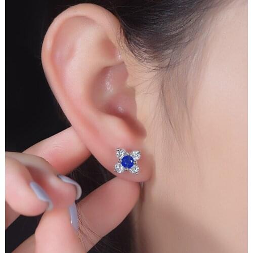 Stud Earrings For Women Simple Blue Crystal Flower Silver Color Plum Blossom Party Wedding Gift Fashion Jewelry KBE271