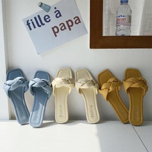 Weaving Blue Yellow Slippers Women 2021 Summer Beach Flip Flops Casual Slides Fashion Square Toe Beige Flat Slippers Women Shoes