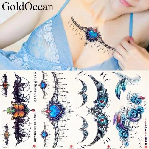 Blue Diamond Lace Jewel Temporary Tattoo Stickers Women Clavicle Body Chest Art Flash Tatoos Pendants Girls Fake Charm Tattoo