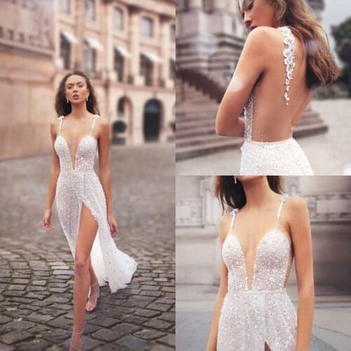 Side Split Wedding Dresses Bridal Gowns Sexy Spaghetti Neck Beaded Crystal Boho Backless Robes De Mariée