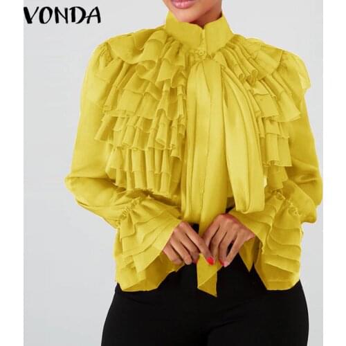 VONDA Women Blouse Spring OL Style Stand Collar Ruffled Tops Loose Long Sleeved Button Up Bohemian Blusas Femininas Plus Size