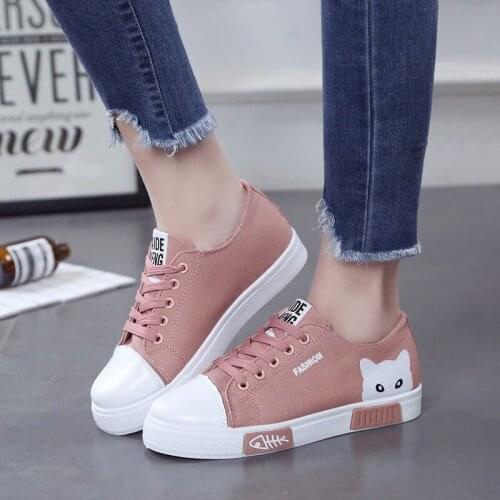 2021 Woman Vulcanized Women Flats Canvas Female Cartoon Cat Womens Platform Sneakers Ladies Board Shoes Round Toe Plus Size 40