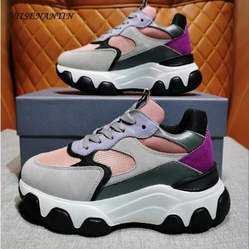 Spring 2021 ladies casual shoes leather mixed color womens sneakers platform shoes round toe shoes