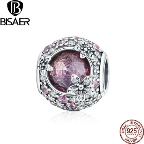BISAER New 100% 925 Sterling Silver Zircon Romantic Cherry Blossoms Charm Beads fit Women Bracelet DIY Beads Fine Jewelry EFC456
