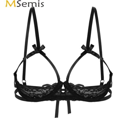 Womens Erotic Open Cups Lace Bra See Through Sheer Bralette Lingerie Adjust Spaghetti Straps Sexy Bare Breast Underwired Bustier