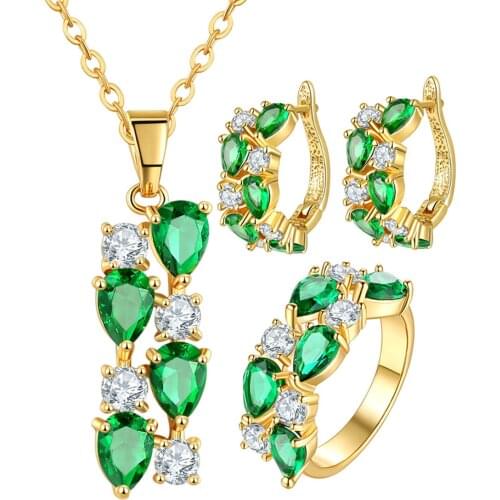 New Prongs Crystal Stud U Earrings Sets Green Cubic Zirconia Necklace Ring Sets For Women Wedding Jewelry Sets Mothers Day Gfit