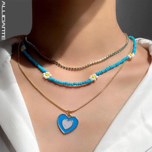 3 Pcs Blue Layered Heart Daisy Beaded Necklace For Women Colorful Handmade Flower Bead Choker Bohemian Necklaces Girls Jewelry
