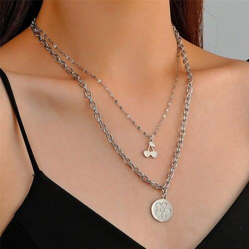 Boho Fashion Vintage Silver Color Punk Thick Chain Cherry Coin Flower Pendant Necklace For Women Trendy Choker Jewelry Gift