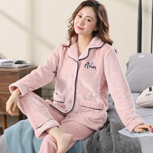 Winter Coral Fleece Pajamas Women Pink Lounge Sleepwear for Ladies Bedroom Home Clothes Pijamas Thicken Bedgown Warm Pyjama PJ