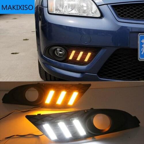 1Pair LED Fog head Lamp cover Daylight with Yellow turn signal DRL For Ford Focus 2007 Sedan Daytime Running Lights