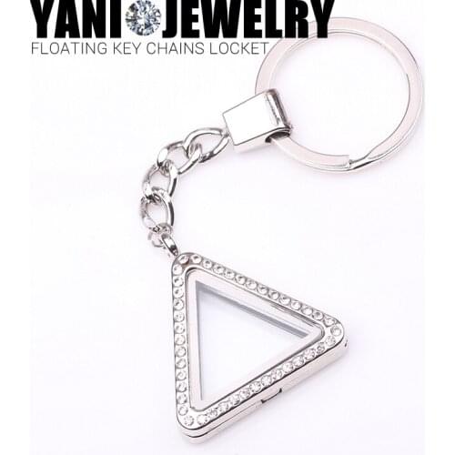 10pcs/lot Triangle Sharp Key Ring Key Chains Floating Locket Glass living Memory Floating Locket Pendant With Chains