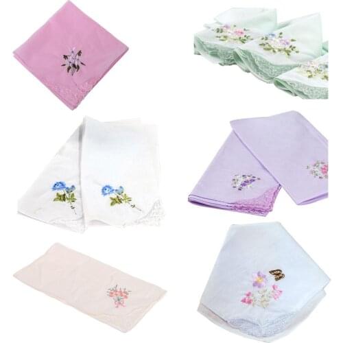 3Pcs/Set 29x29cm Women Square Handkerchief Floral Embroidered Candy Color Pocket Hanky Lace Patchwork Cotton Baby Bibs Portable