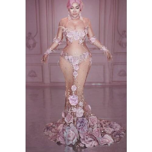 3D Pattern Mesh Stretch Birthday Party Dress Pink Flowers See Through Long Dress Women Singer Performance Costume