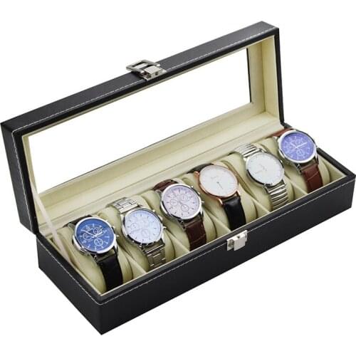 6-bit Black Pu Watch Box Flip Display Watch Inbox Wooden Watch Box Packaging Bags for Business Jewelry Organizer