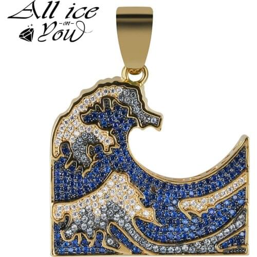 ALLICEONYOU The Great Wave off Kanagawa Iced Out Pendant Necklace Colorful Zirconia Hip Hop Gold Color Charm Chains Jewelry Gift