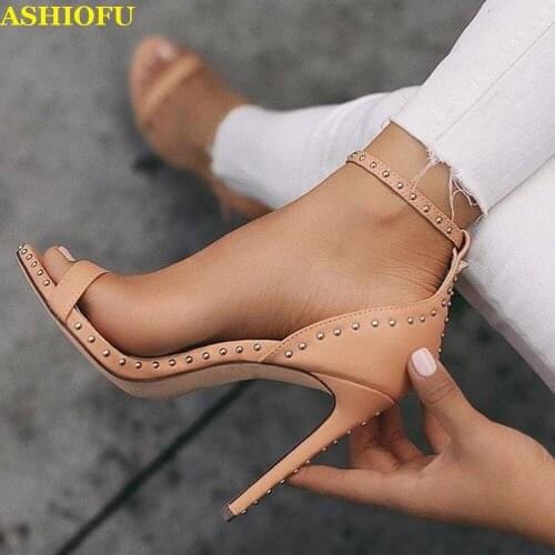 ASHIOFU Womens High Heel Sandals Rivets Spikes Rivets Spikes Party Summer Shoes Ankle Strap Daily Wear Evening Fashion Sandals