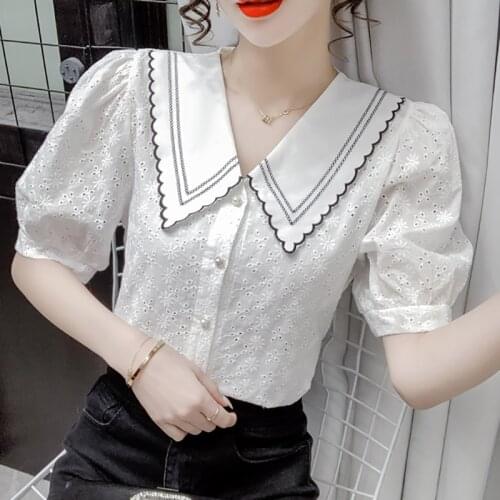 Peter Pan Collar White Shirt Thin Summer 2021 Hollow Out Puff Sleeve Short Women Blouse Button Open Stitch Woman Tops Clothes