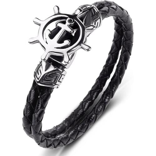 Trendy Genuine Leather Bracelet Men Punk Jewelry Stainless Steel Anchor Rudder Braided Leather Bangles Male Wrist Band Gift P540
