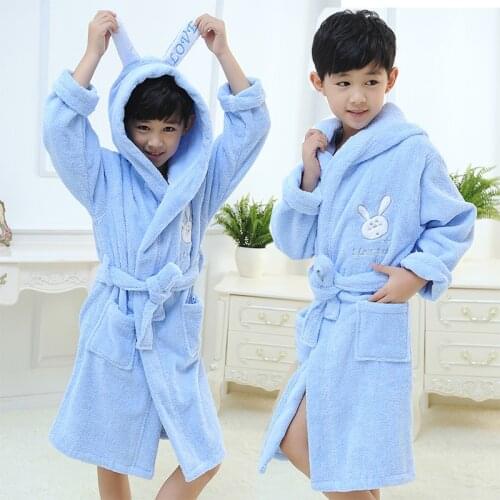 Cotton Boys Bathrobe Cartoon peignoir enfant Gown Hooded Robes Childrens Bathrobe Kids Winter White Blue Home Wear Soft Pajamas