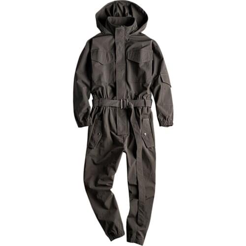 Spring Overalls Men Jumpsuit Hooded Long Sleeve Multi-Pocket Beam Feet Streetwear Clothing Japanese Pants Hip Hop Black Trousers