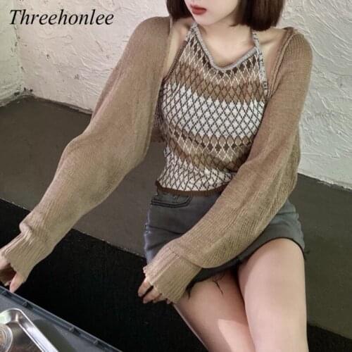 Korean Style Women Two Piece Sets Autumn Soild Color Lace Up Knittd Sweater Cardigans And Vintage Tank Top Female Casual Suits