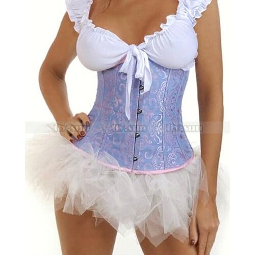 Blue Waist Cincher Underbust Corset Body Shaper Bustier + White TuTu Skirt S M L XL 2XL S M L XL 2XL