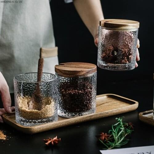 Kitchenware, Wooden Lid Storage Jar, Glass Container, Household Seasoning Box, Transparent Glass Sugar Jar, Salt and Pepper Jar