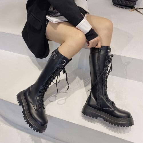 Fashion Women Cross Strap PU Leather Boots Autumn Winter Knee High Boots Ladies Thick Sole Platform Botas Mujer Mid-calf White